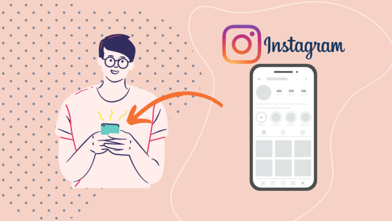 Grafika nawiązująca do tematu artykułu- jak założyć konto na Instagramie. Przedstawia człowieka z telefonem, który korzysta z portalu Instagram