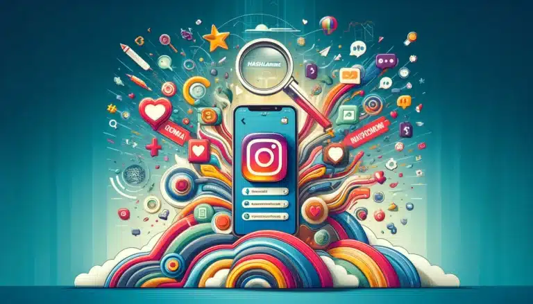Telefon z ekranem logowania do Instagrama jest otoczony kolorowymi ikonami i symbolami związanymi z mediami społecznościowymi, emanującymi na zewnątrz w wybuchowy, dynamiczny wzór.